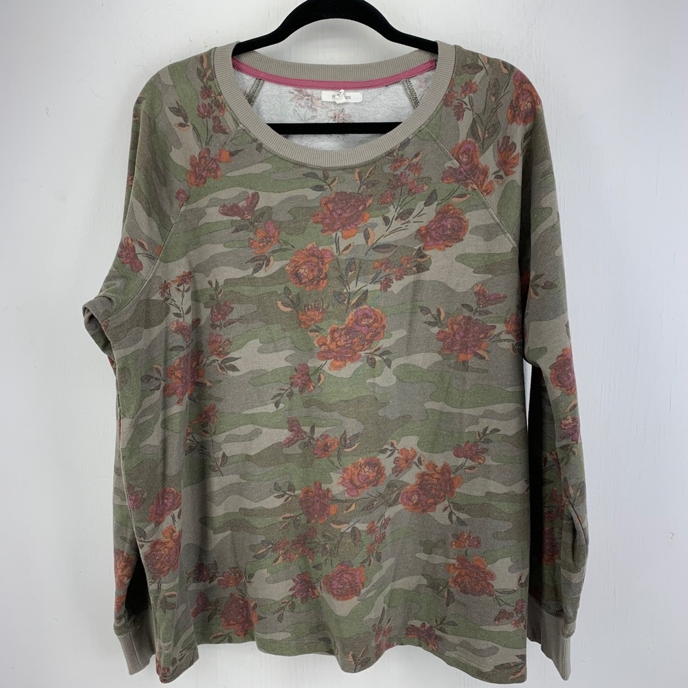 Maurices Womens XL Camo Floral Raglan Crew Neck Sweatshirt Utility Grunge Gorp